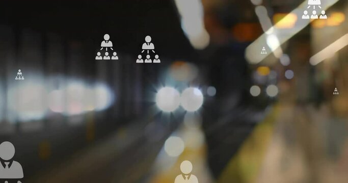 Animation of profile icon flowcharts over blurred train arriving at subway