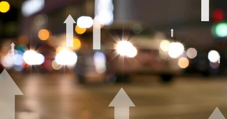 Animation of up arrows over blurred vehicles stopped on signal and diverse people crossing street