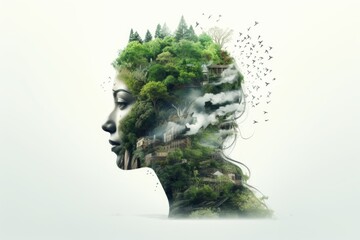 Double exposure of a girl's face in profile and forests with mountains and lakes. Ecology.
