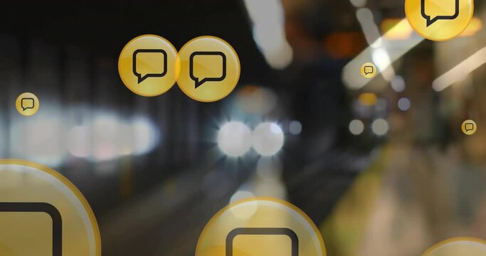Animation of speech bubble in circles over blurred train arriving at subway station