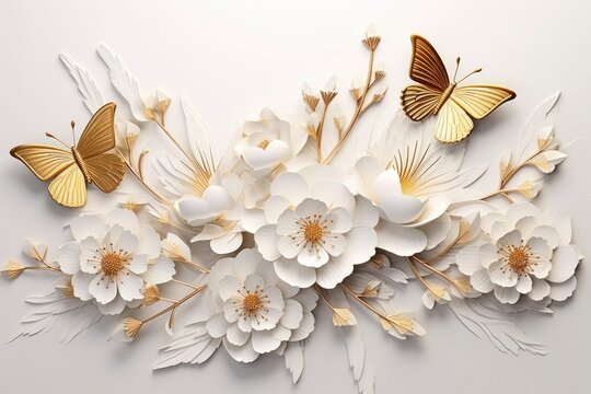 Fototapeta Goden butterflies with white flowers.