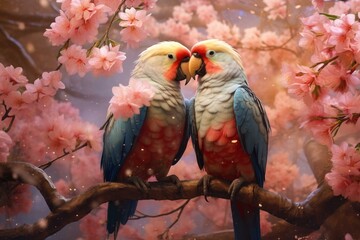 Romantic scene of two parrots sharing a gentle kiss amidst cherry blossoms. Generative AI