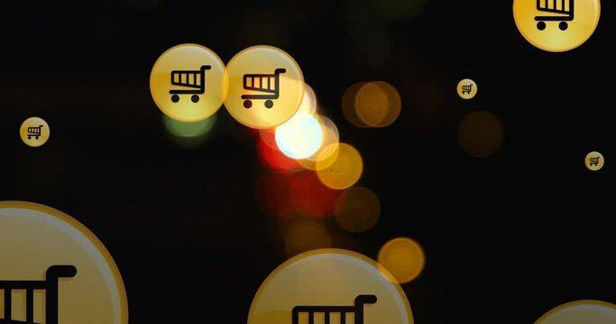Animation of shopping cart icon in circles over blurred vehicles moving on street in city