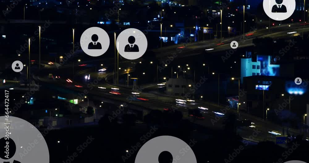 Poster animation of multiple profile icons over time lapse of moving vehicles on bridge in city