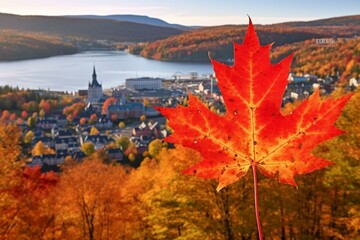The name of the Canadian city Prévost in the province of Quebec in front of a photo with the Canadian maple leaf. Generative AI