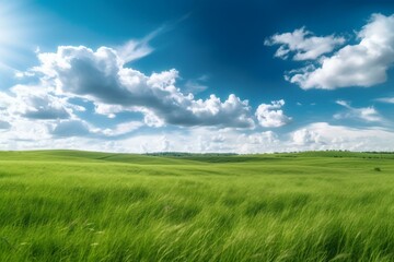 Scenic view of lush grassland beneath clear sky adorned with fluffy clouds. Generative AI