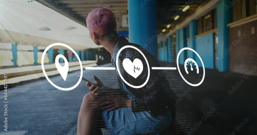 Poster animation of flowchart of icons over biracial woman using phone while waiting for train at station