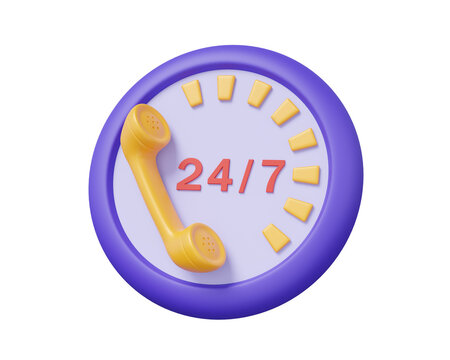 Call center emergency communication social media 24 hours 7 days support consultant talk concept. Clock with telephone online customer service 24 hours icon helpdesk  3d render illustration