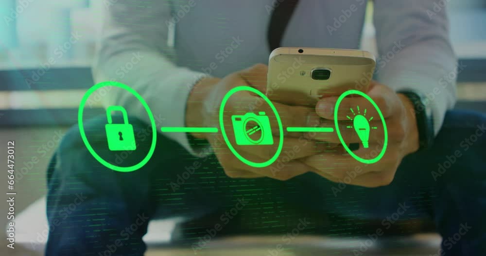 Poster animation of flowchart over midsection of caucasian businessman scrolling on smartphone