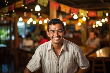 Fototapeta premium A Latin American man smiles at the camera against the background of a bar, cafe.