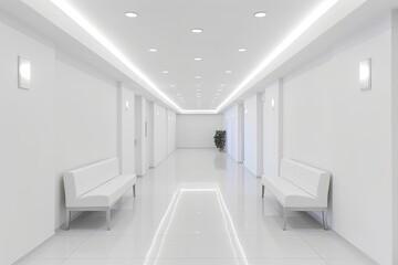 Fototapeta na wymiar Interior design of a modern luxurious white building corridor or hallway with waiting seat.