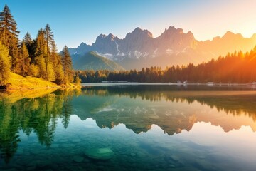 Obraz premium Impressive summer sunrise on Eibsee Lake with Zugspitze mountain range.