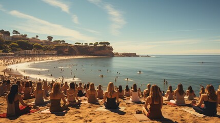A bird's-eye view display of numerous persons in harmony engaged in contemplation on the shore, symbolizing shared tranquility and awareness.