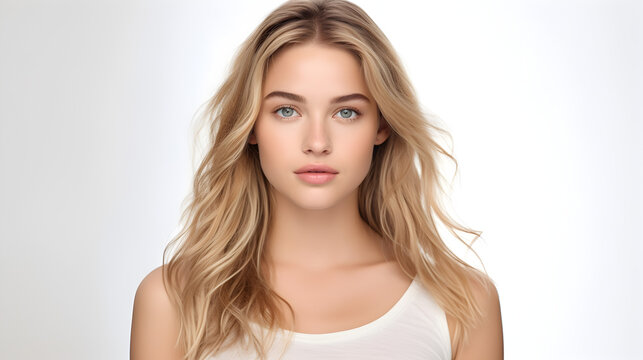 Closeup studio photo of a blonde white woman in the style of a fashion model 
