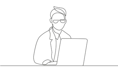 Fototapeta na wymiar Continuous One Line Drawing of Businessman with Laptop. Man Working in Office One Line Illustration. Business Concept Abstract Minimalist Contour Drawing. Vector EPS 10 