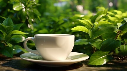 Coffee or tea cup on a background of green leaves.