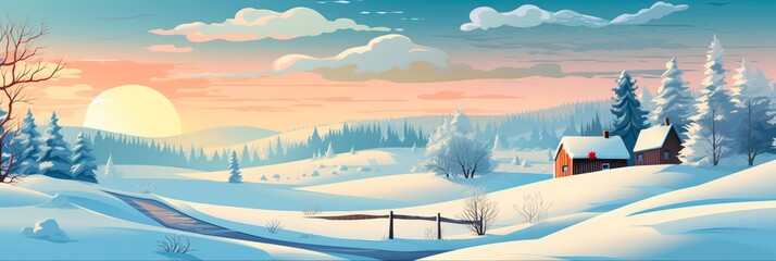 Contemplative Christmas Landscape: Winter Wonderland Illustration for Wallpaper or Banner. - obrazy, fototapety, plakaty