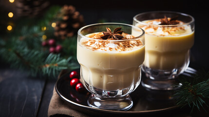 Festive spiced eggnog, garnished with evergreen boughs, served in a glass against a dark backdrop.
