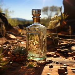 Alcohol, liquor decorative glass bottle or decanter displayed on Deseret rocks against sunset vista
