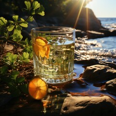 Glass of water or alcohol, liquor displayed on rocks next to beach ocean with foliage