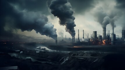 Dystopic polluted landscape with factory emitting smoke and smog, plant pipes pollute atmosphere, industry theme - obrazy, fototapety, plakaty