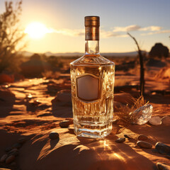Alcohol, liquor decorative glass bottle displayed on Deseret rocks against sunset vista