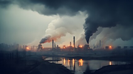 Dystopic polluted landscape with factory emitting smoke and smog, plant pipes pollute atmosphere, industry theme