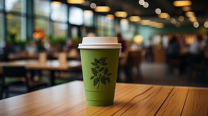 A reusable paper coffee cup within a cafe or motorway services is focused on in the picture.