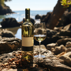 Wine bottle and wine glass displayed on rocks next to beach