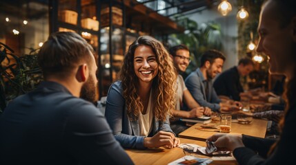 A dynamic assortment of youthful workers participating in a spirited idea-exchanging activity, representing collaboration and inventiveness in the work environment.