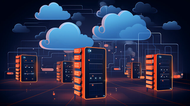 data servers connected to the cloud, depicting the concept of cloud computing and data storage in the digital age