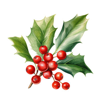 Holly Berries For Christmas Event. Watercolor Style. AI Generated
