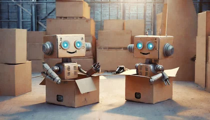Foto auf Acrylglas Two laughing cute retro brown robots smiling and talking while sitting in cardboard boxes on the floor inside a warehouse  © RallyA