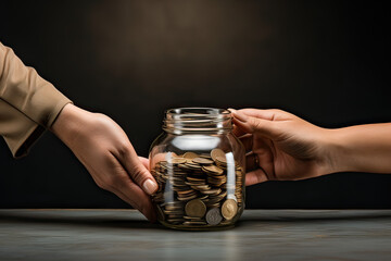 person holding a glass jar of coins - obrazy, fototapety, plakaty
