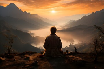 A person meditating on a mountain, finding serenity and spiritual healing in nature, Created with Generative AI Technology