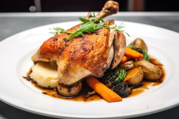 Plated chicken roast dinner on a white plate with carrot and morel mushroom.