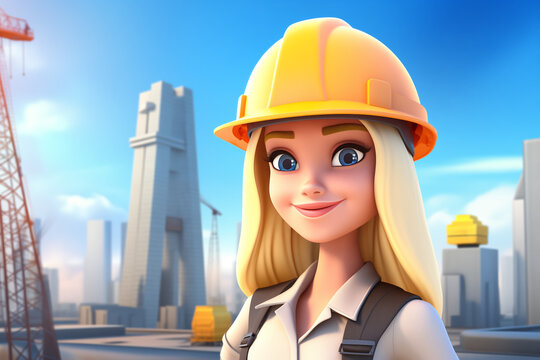 portrait of smiling blond female engineer on site wearing hard hat, high vis vest, and ppe, in 3d character render illustration style