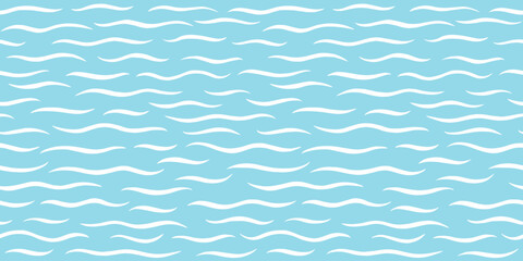 Hand drawn sea waves seamless repeat vector pattern. Wavy lines, undulating stripes, squiggly streaks. Doodle style stylized marine, sea,  template. Uneven edges. Blue and white water background. 