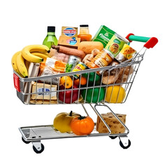 shopping cart full of groceries isolated - obrazy, fototapety, plakaty