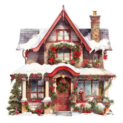 House For Christmas Event. Watercolor Style. AI Generated