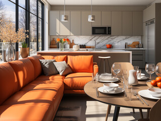 Contemporary interior design for kitchen, dining table, and sofa.
