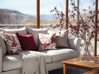 modern living room with farmhouse interior design, there's a grey sofa with maroon pillows.