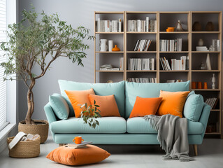 a home library with modern Scandinavian interior design, you'll find a mint sofa adorned with orange pillows against a bookcase.