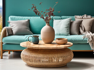 modern Scandinavian living room, a round wood coffee table complements a wicker sofa with mint cushions against a turquoise wall, leaving space for art or text.