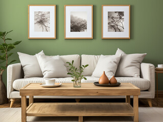 In a modern Scandinavian living room, you'll find a rustic coffee table near a sofa against a green wall adorned with two frames.