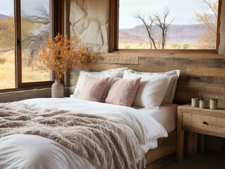 A modern bedroom with farmhouse interior design features a bed with a barn wood headboard and a rustic bedside cabinet.