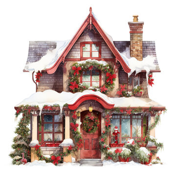 House For Christmas Event. Watercolor Style. AI Generated