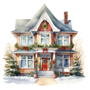 House For Christmas Event. Watercolor Style. AI Generated