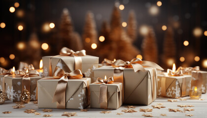verpackte Geschenkboxen vor winterlichem Hintergrund, wrapped gift boxes against winter background