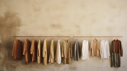 Generative AI, Cloth store aesthetic background, photo of clothes hanging on hangers, muted neutral colors	